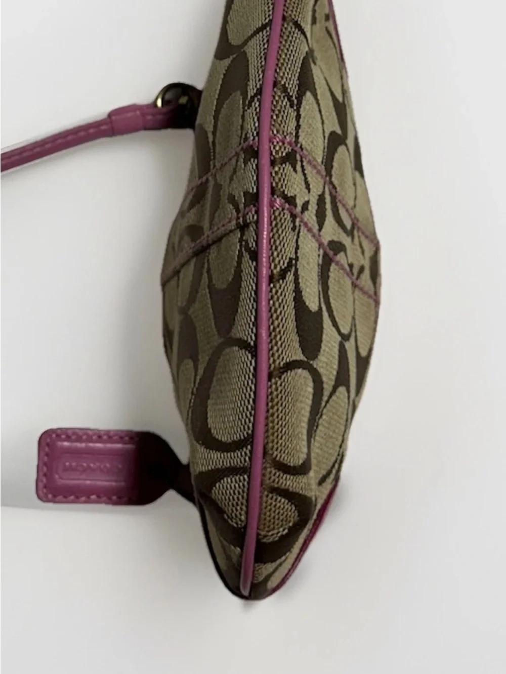 Coach Soho Hobo Mini Wristlet, Signature Brown/Beige Canvas, Pink Suede Trim,